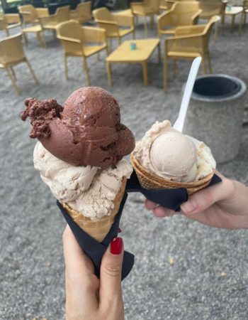 two hands holding up cone of vegan ice cream